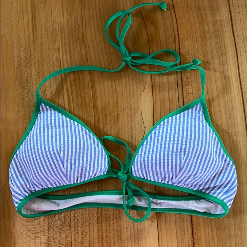 J Crew tipped seersucker tie front bikini top